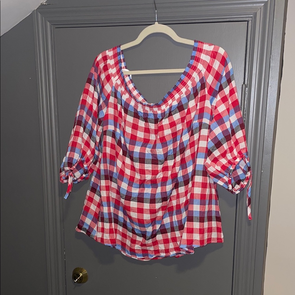 Lane Bryant Red Blue Plaid Scoop Neck Peasant Blouse